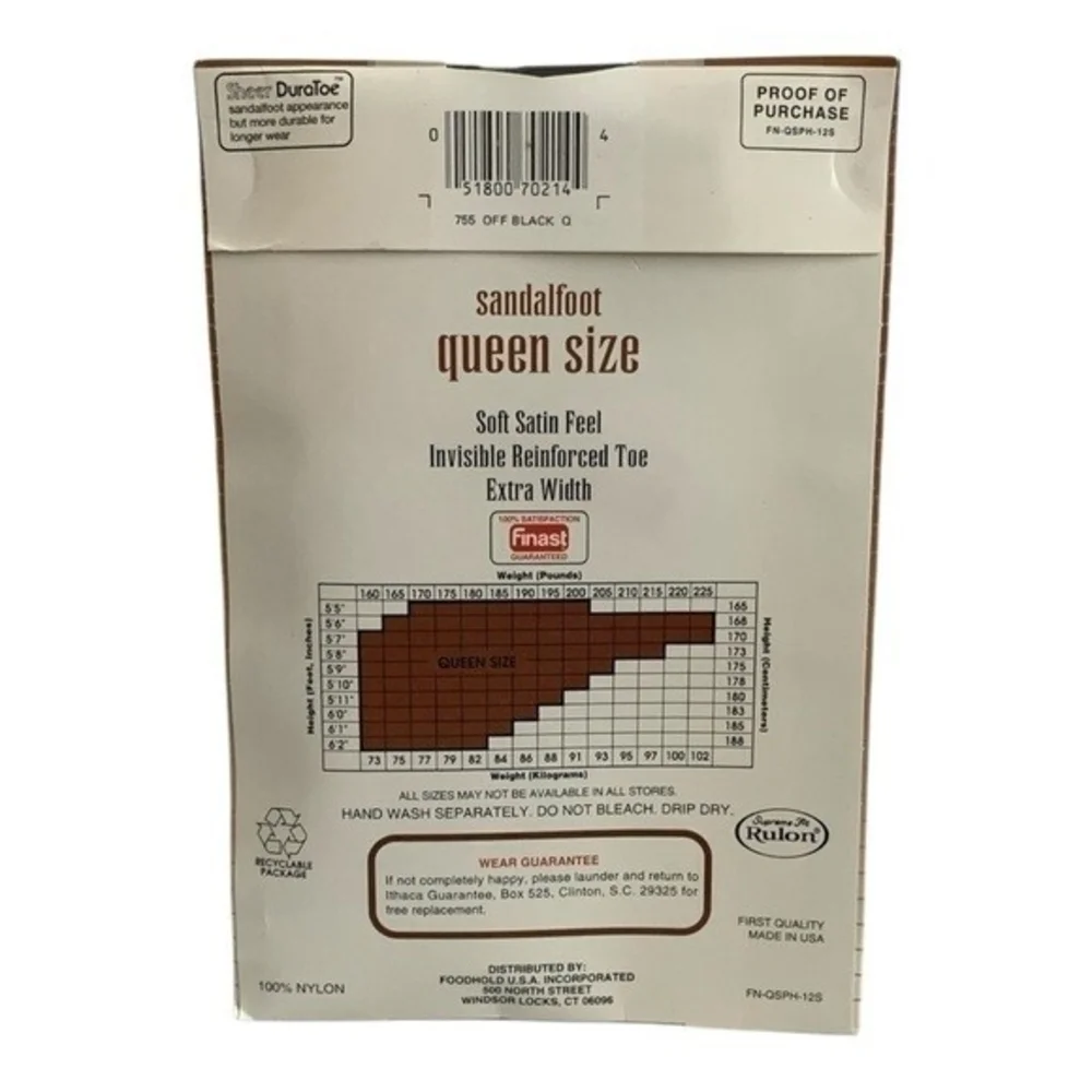 Vintage Queen Size Pantyhose Sandalfoot Reinforced Toe Satin Nylon Off Black NIP